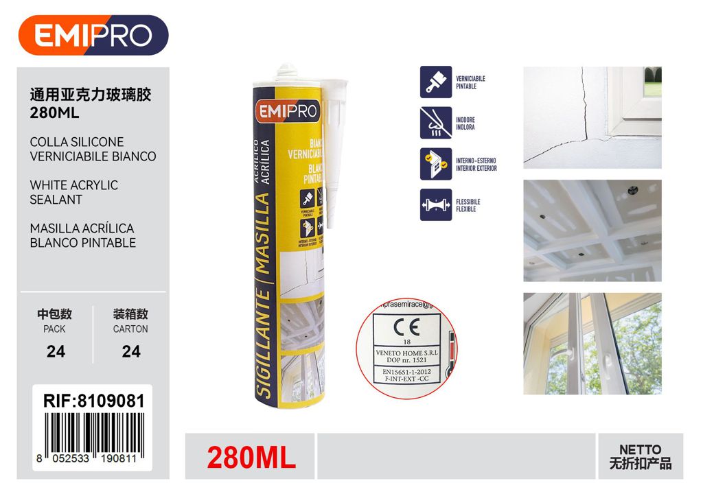 Colla Silicone Bianco verniciabile 280ml