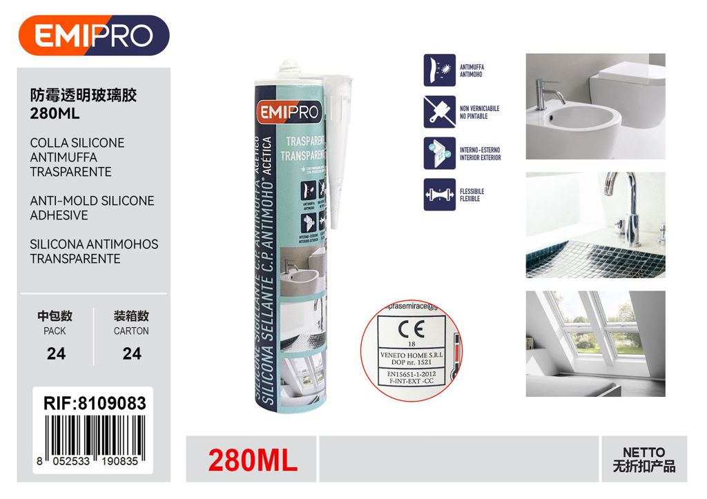 Colla Silicone Antimuffa Trasparente 280ml