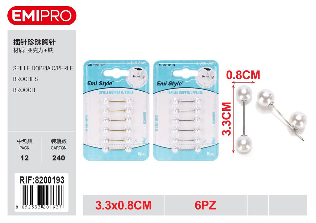Spille Doppia C/Perle 3.3*0.8cm 6Pz