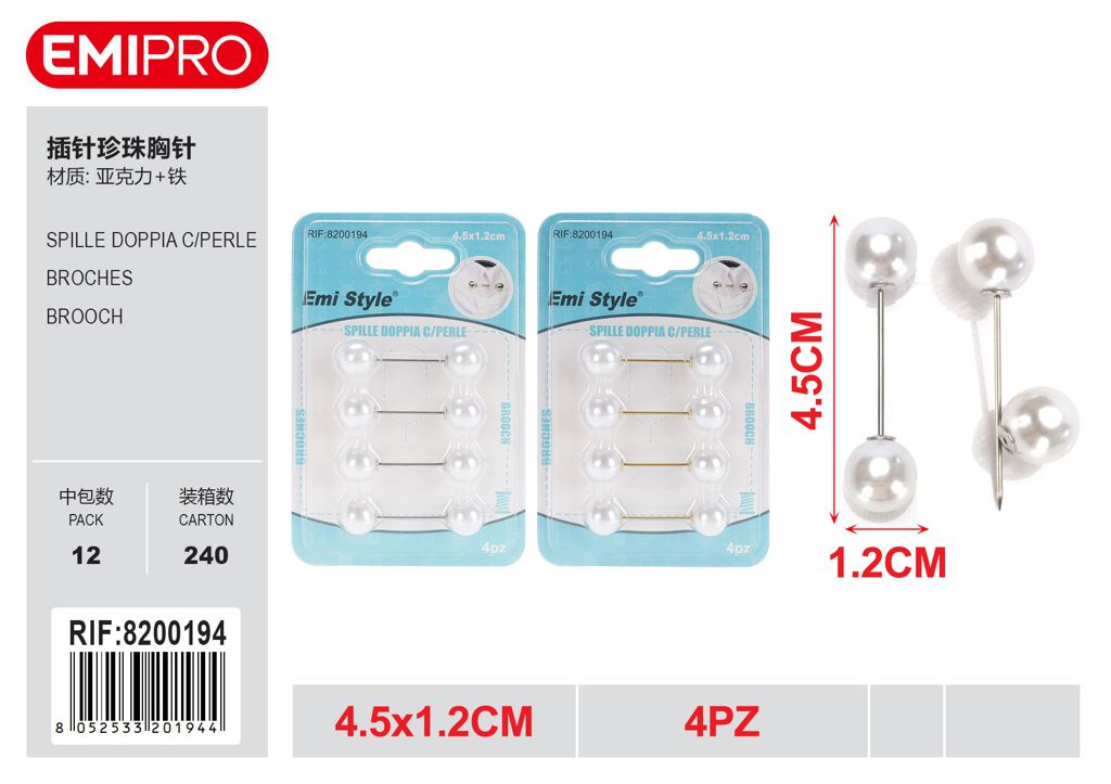 Spille Doppia C/Perle 4.5*1.2cm 4Pz
