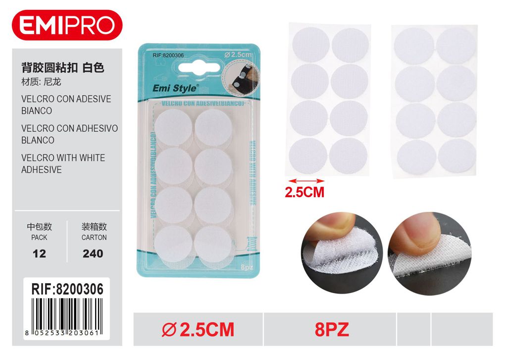 velcro Con Adesive Bianco 2.5cm 8Pz