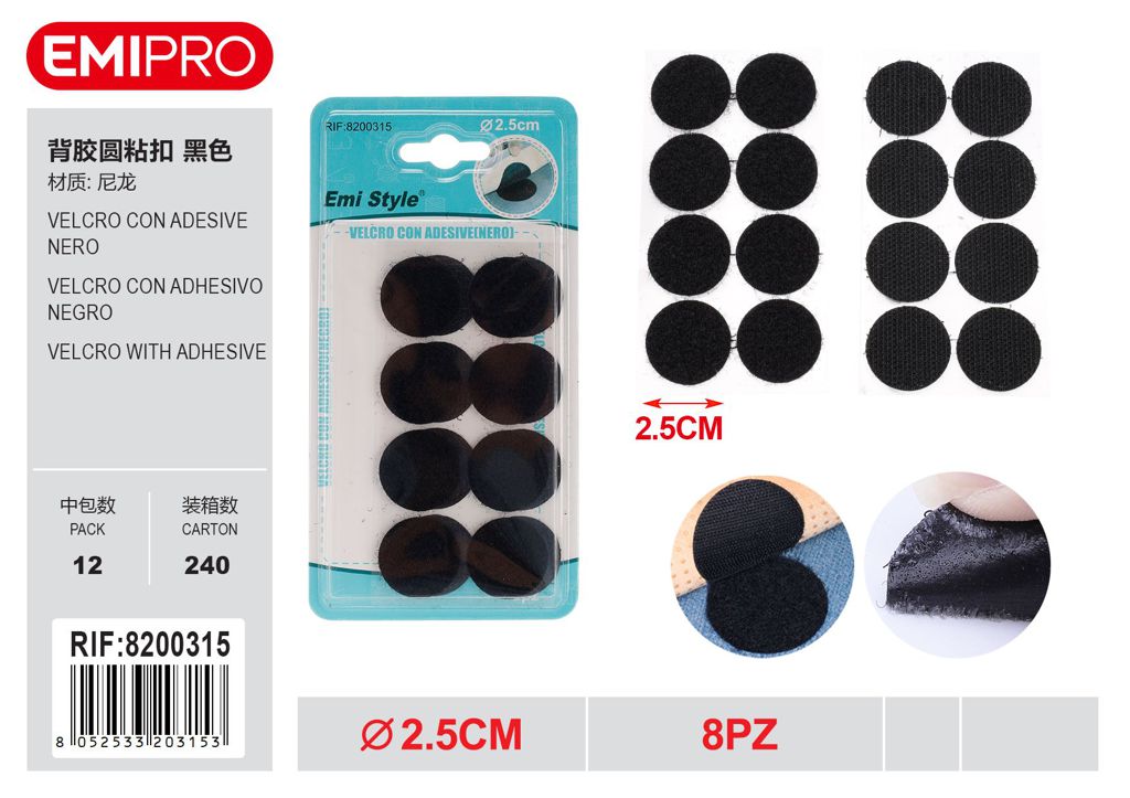 velcro Con Adesive Nero 2.5cm 8Pz