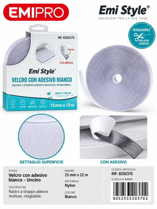 velcro Con Adesive Bianco 1.5cm*12M