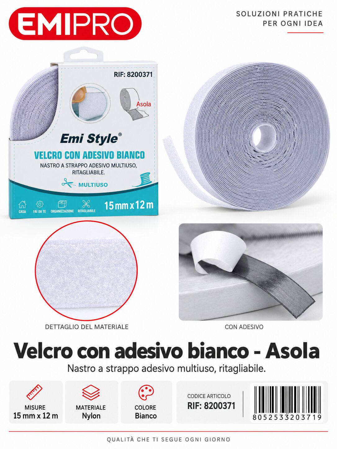 velcro Con Adesive Bianco 1.5cm*12M