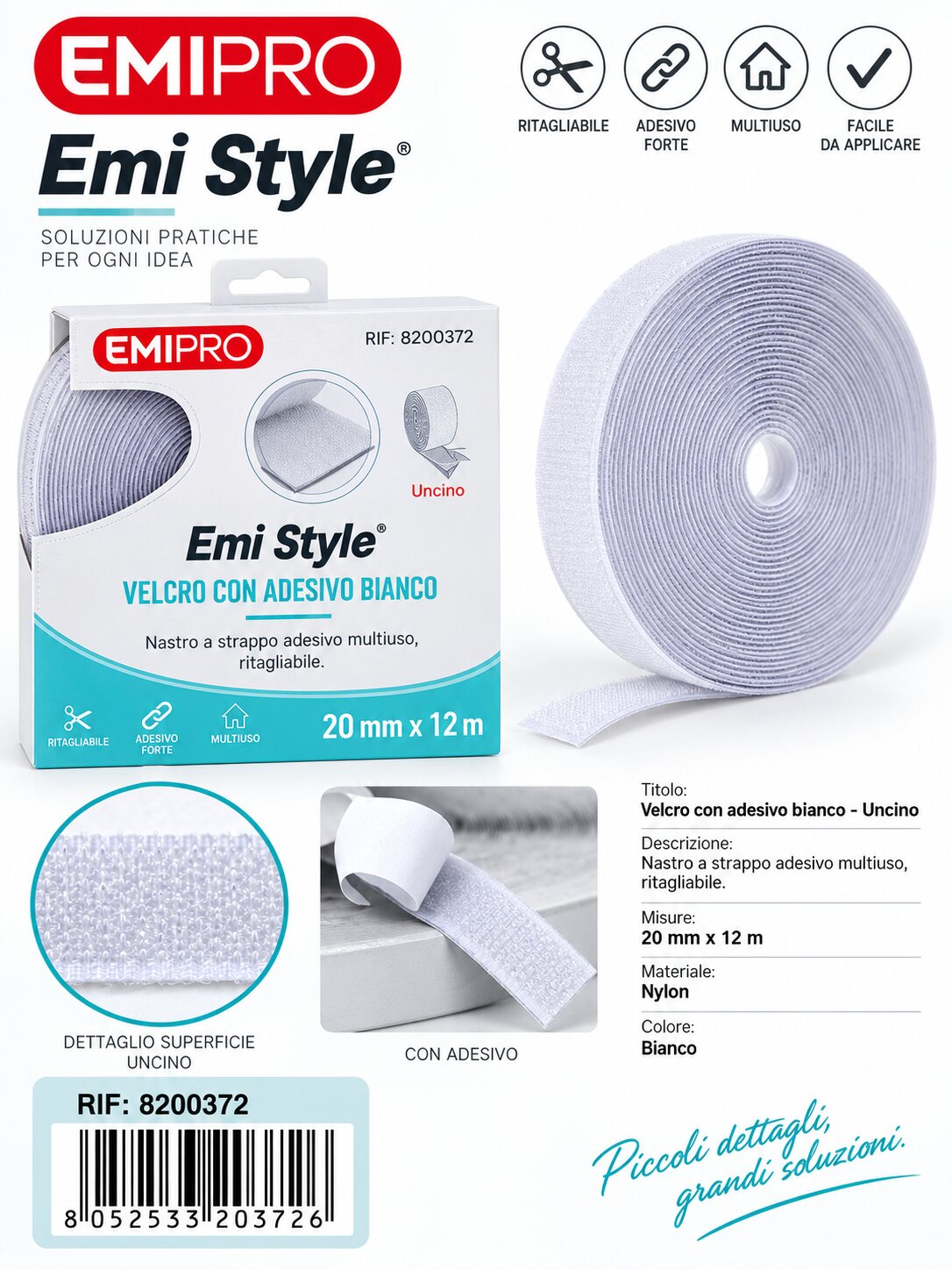 velcro Con Adesive Bianco 2.0cm*12M