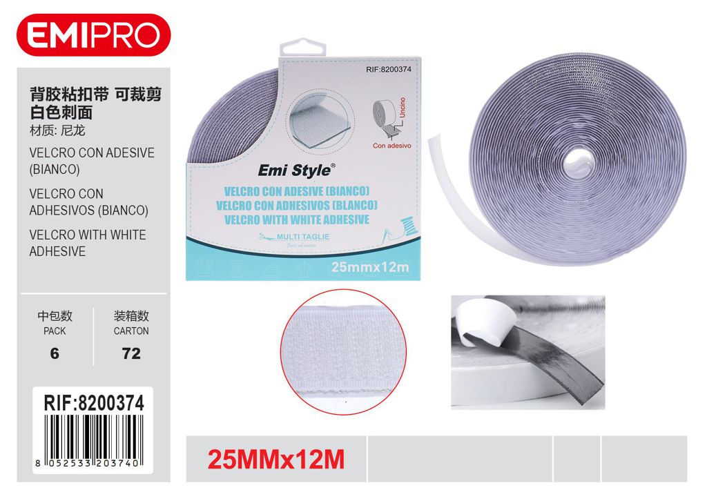 velcro Con Adesive Bianco 2.5cm*12M