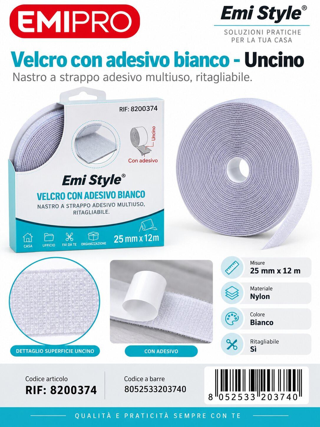 velcro Con Adesive Bianco 2.5cm*12M