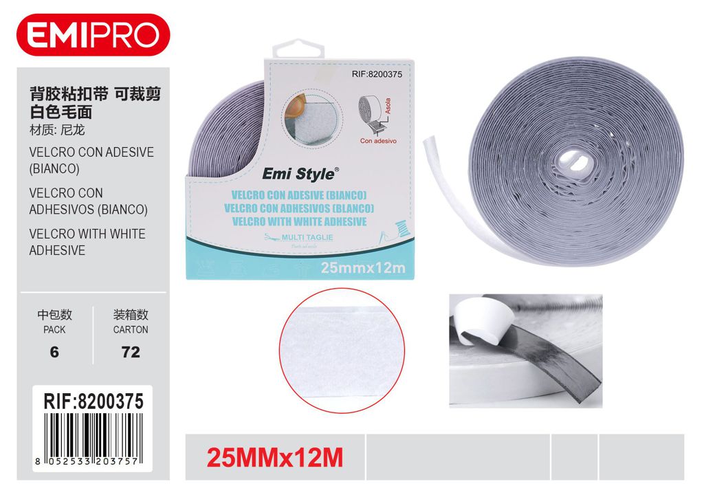velcro Con Adesive Bianco 2.5cm*12M