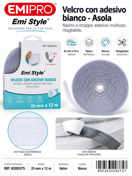 velcro Con Adesive Bianco 2.5cm*12M