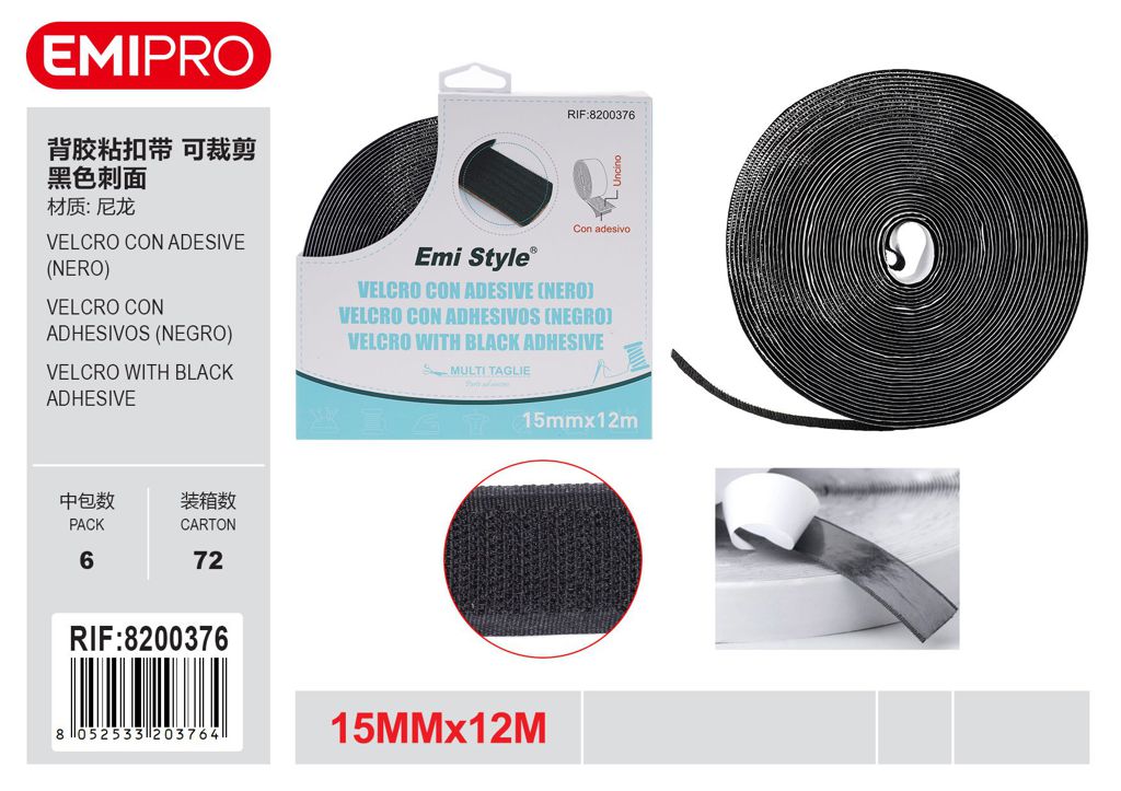 velcro Con Adesive Nero 1.5cm*12M