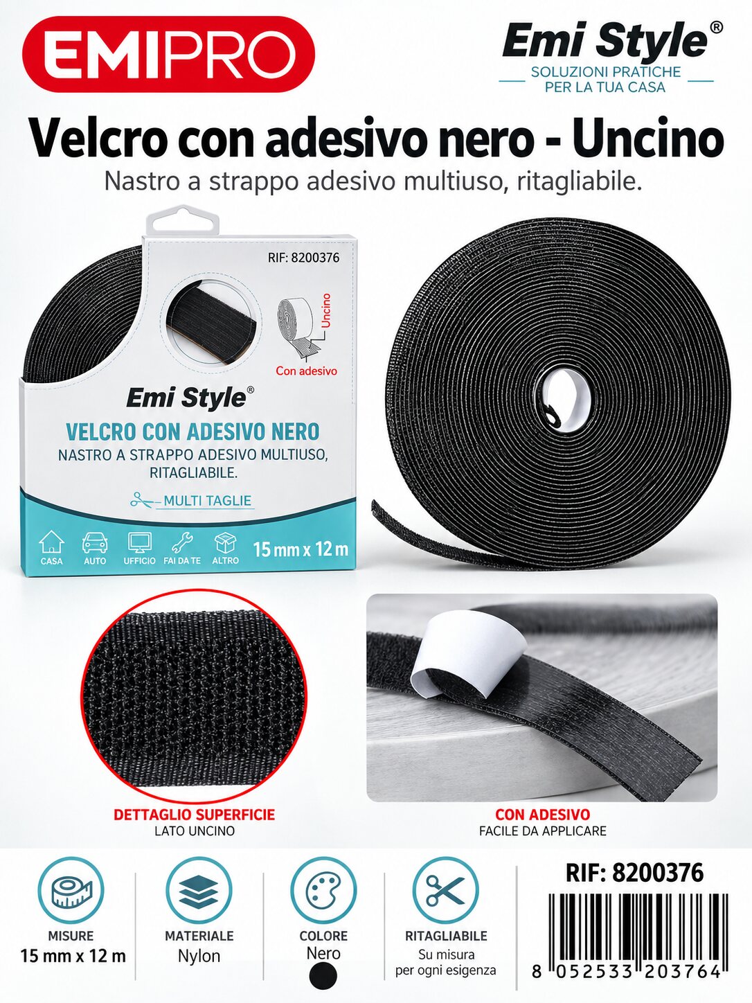 velcro Con Adesive Nero 1.5cm*12M