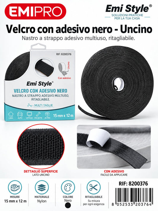 velcro Con Adesive Nero 1.5cm*12M