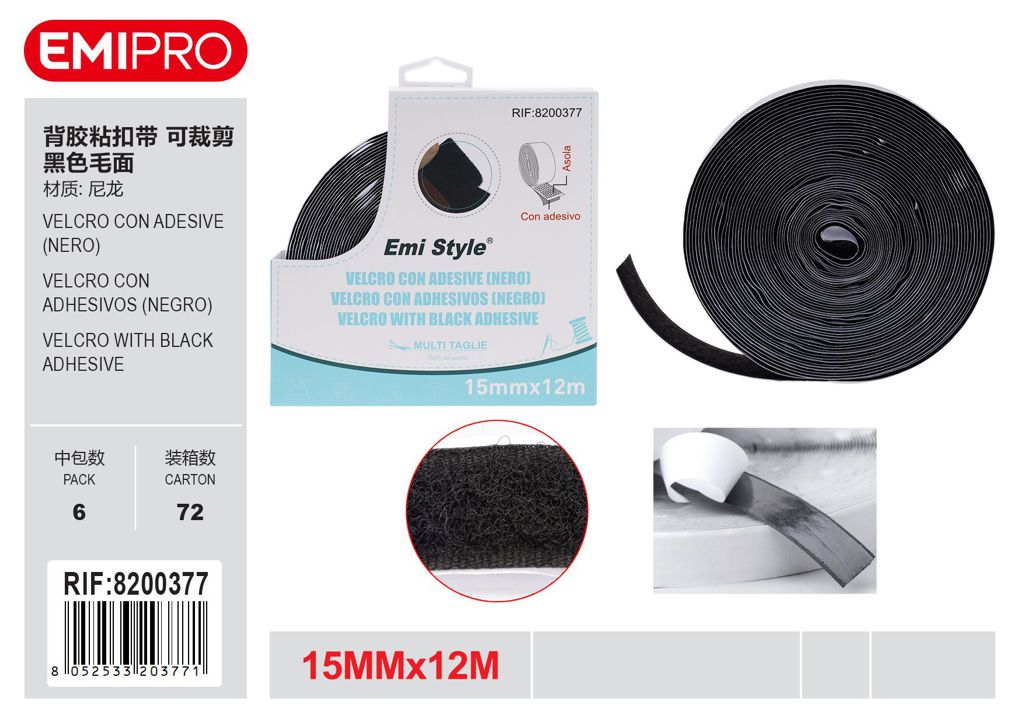 velcro Con Adesive Nero 1.5cm*12M