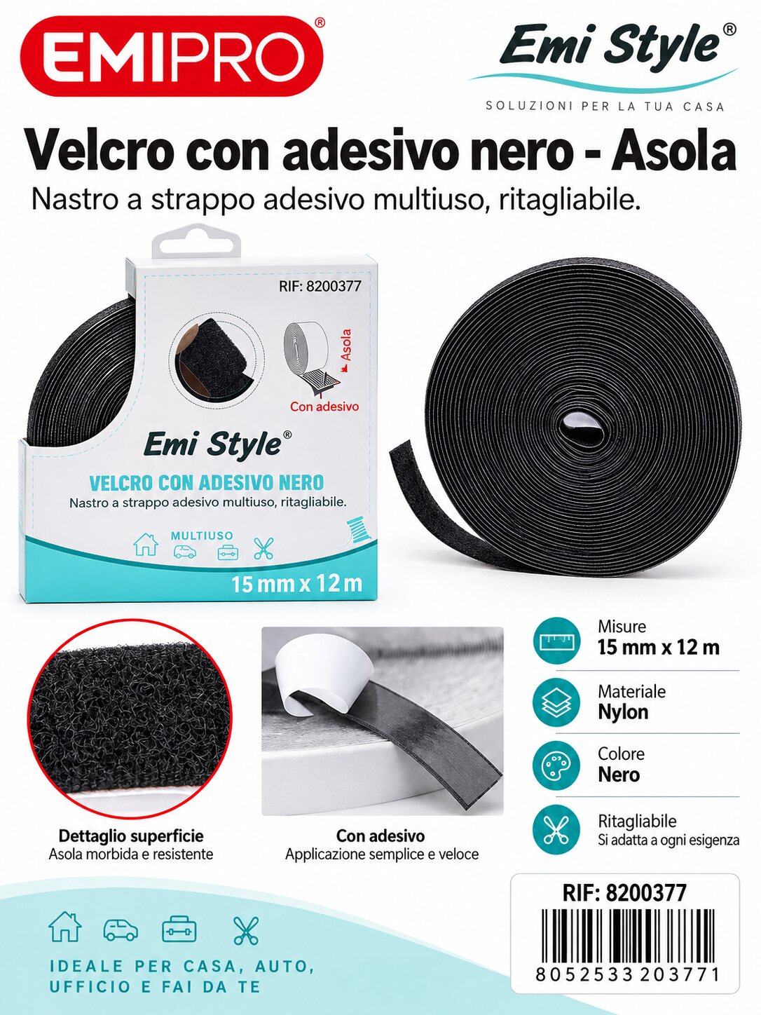 velcro Con Adesive Nero 1.5cm*12M