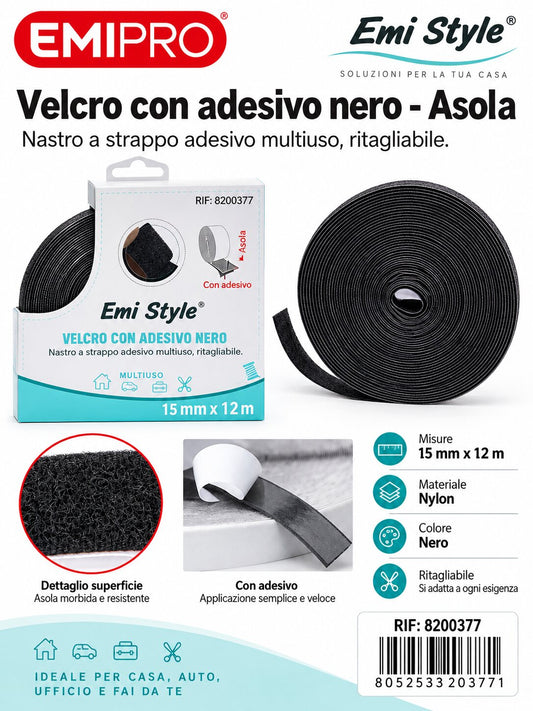 velcro Con Adesive Nero 1.5cm*12M
