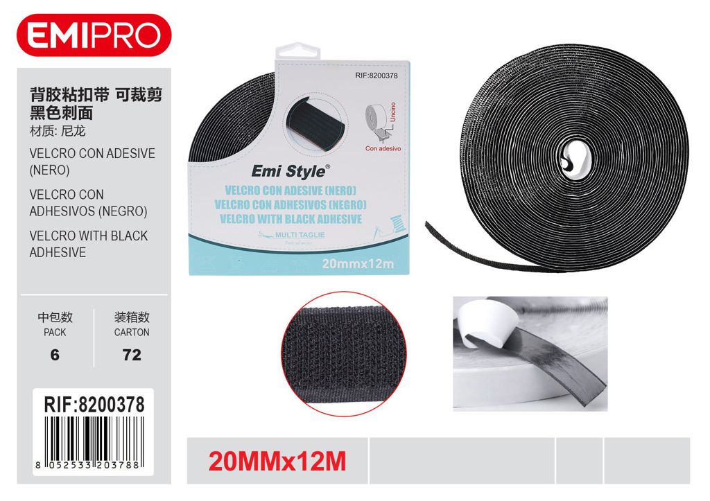 velcro Con Adesive Nero 2.0cm*12M