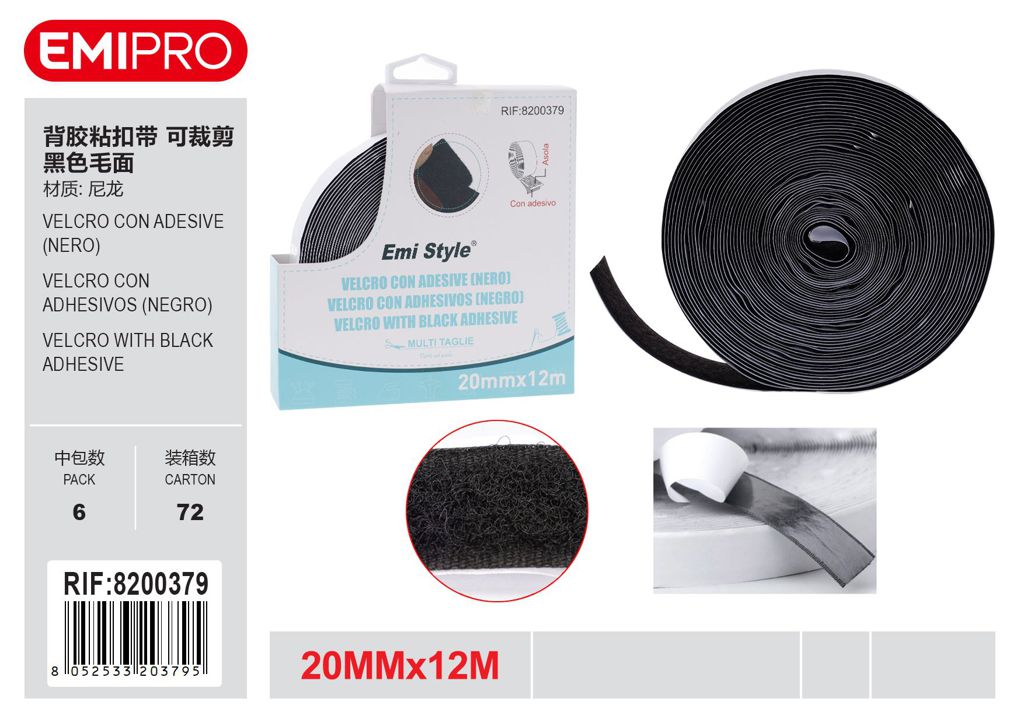 velcro Con Adesive Nero 2.0cm*12M