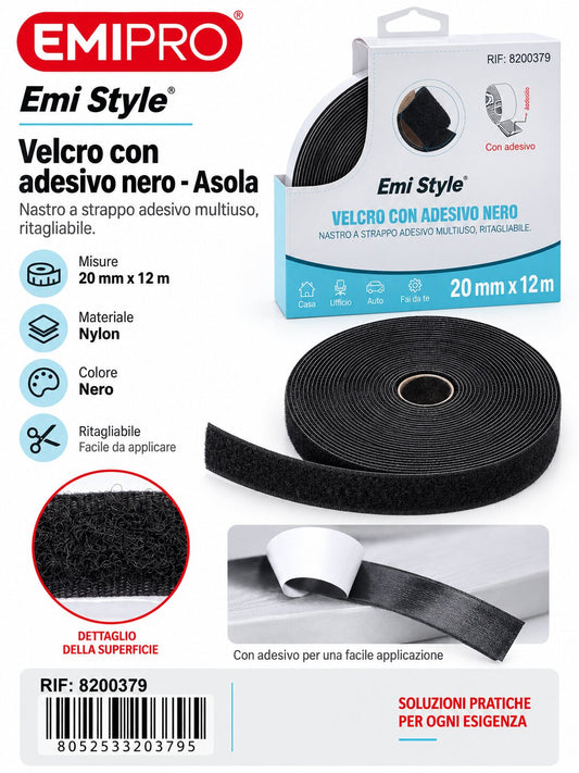 velcro Con Adesive Nero 2.0cm*12M