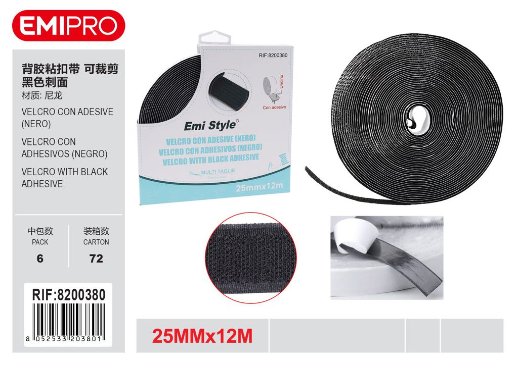 velcro Con Adesive Nero 2.5cm*12M