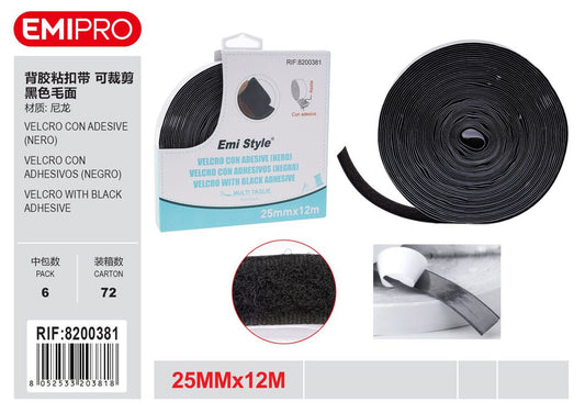 velcro Con Adesive Nero 2.5cm*12M