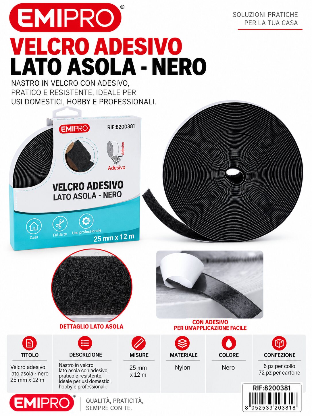 velcro Con Adesive Nero 2.5cm*12M