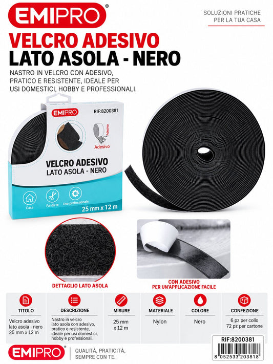 velcro Con Adesive Nero 2.5cm*12M