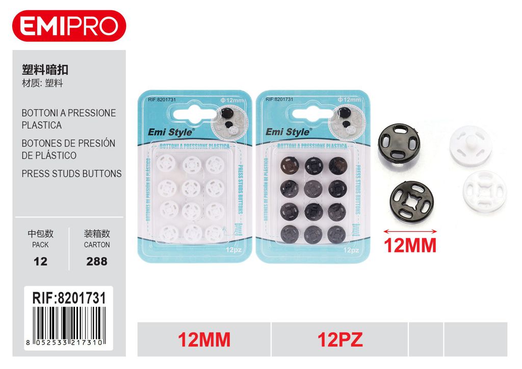 Bottoni A Pressione Plastica 12mm 12Pz