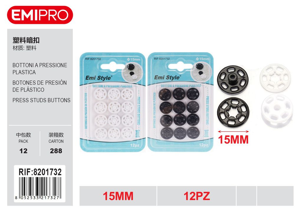 Bottoni A Pressione Plastica 15mm 12Pz