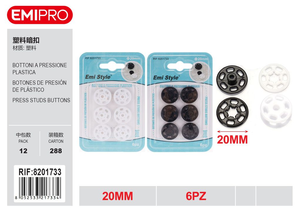 Bottoni A Pressione Plastica 20mm 6Pz