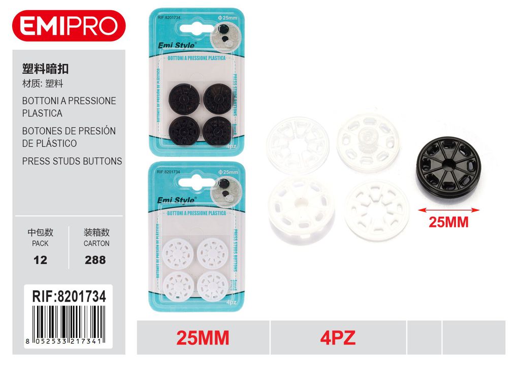 Bottoni A Pressione Plastica 25mm 4Pz