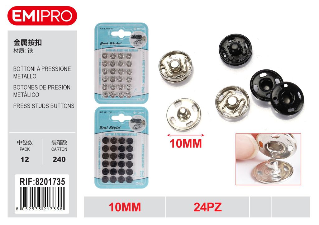 Bottoni A Pressione Metallo 10mm 24Pz