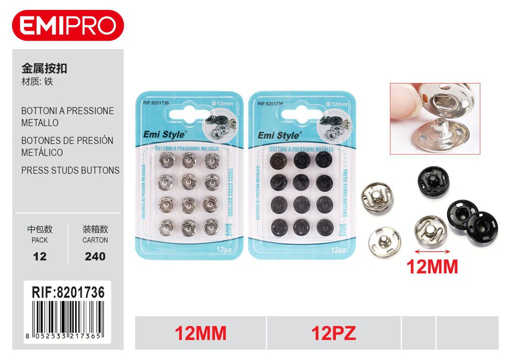Bottoni A Pressione Metallo 12mm 12Pz