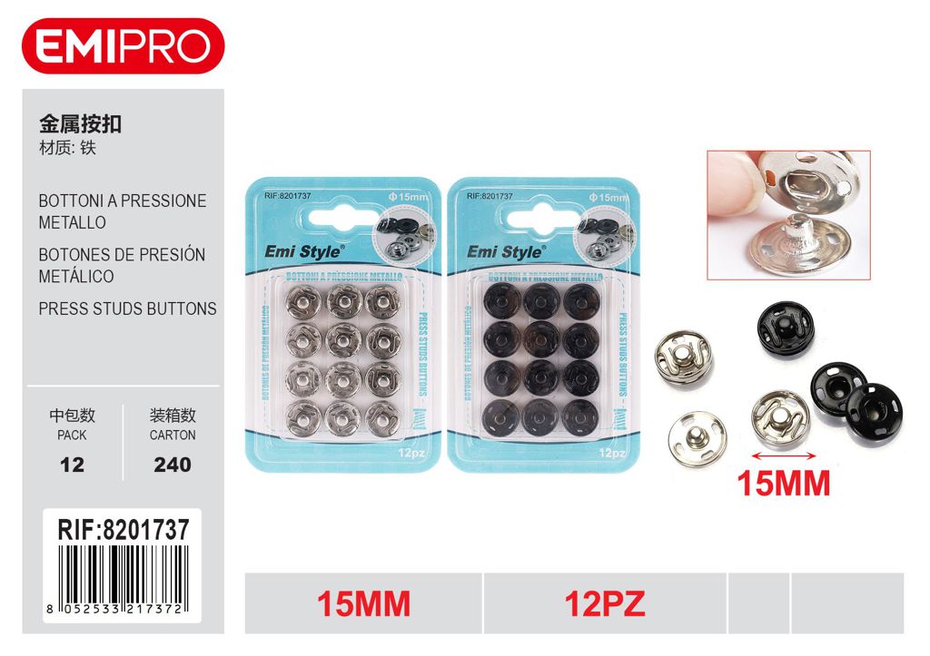 Bottoni A Pressione Metallo 15mm 12Pz