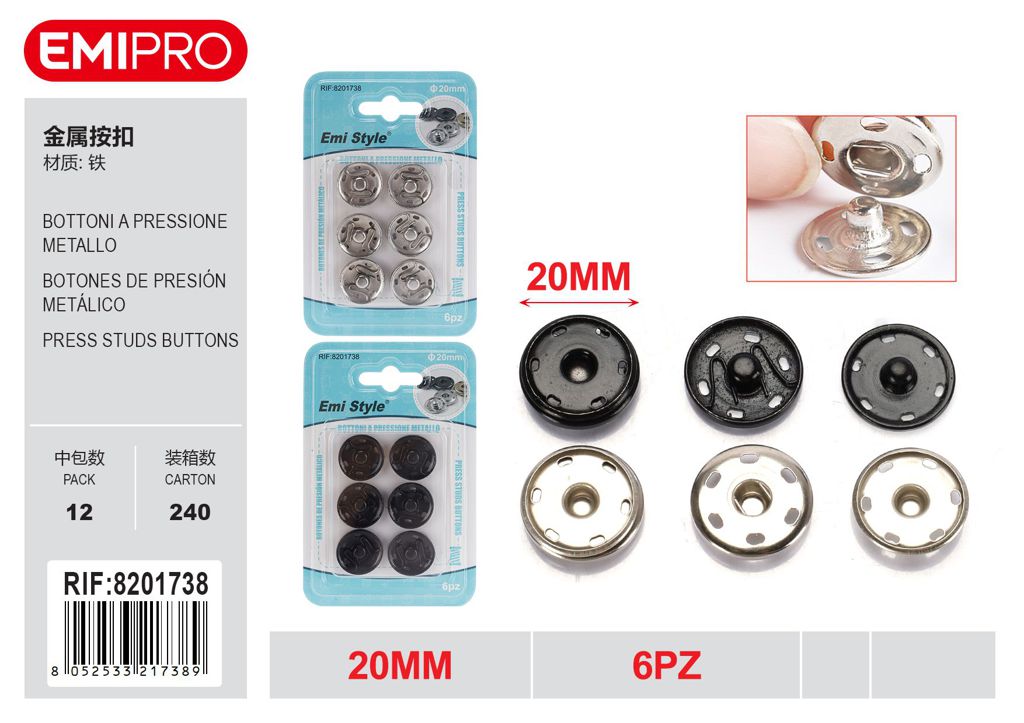 Bottoni A Pressione Metallo 20mm 6Pz