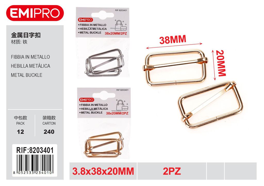 Fibbia In Metallo 3.8*38*2mm 2Pz