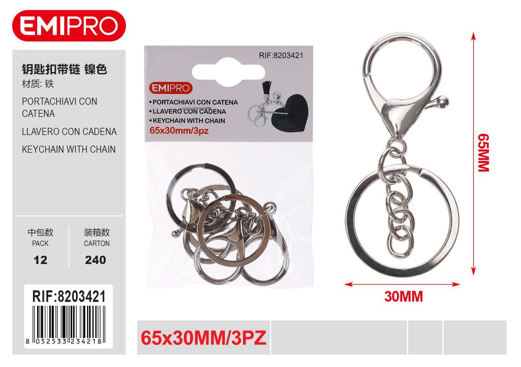 Portachiavi Con Catena 65*30mm 3Pz