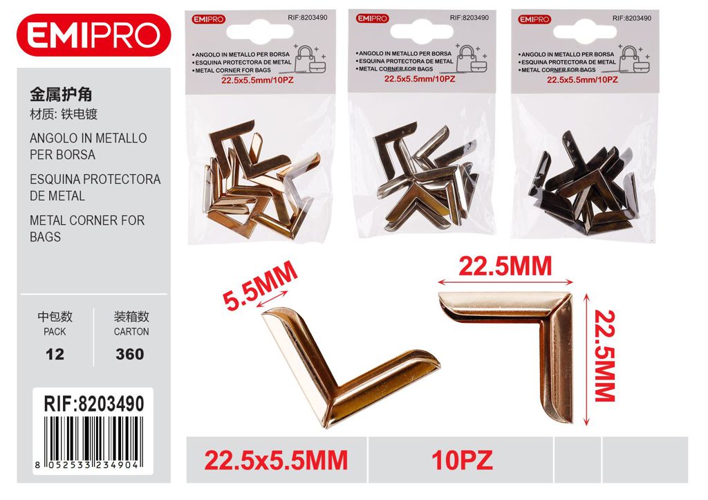 Angolo In Metallo Per Borsa 22.5*5.5mm 10Pz