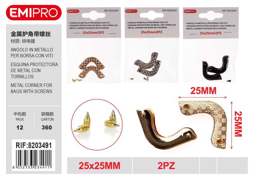 Angolo In Metallo Per Borsa Con viti 25*25mm 2Pz