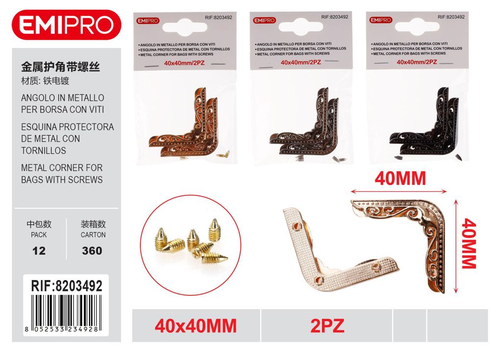 Angolo In Metallo Per Borsa Con viti 40*40mm 2Pz