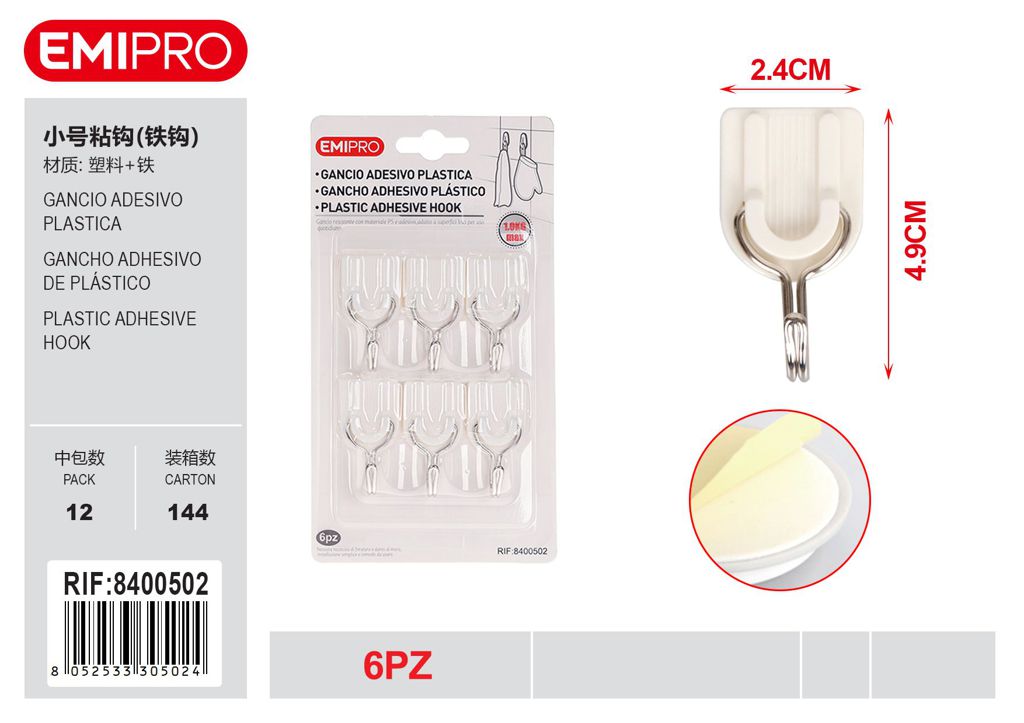 Gancio Adesivo Plastica 6Pz
