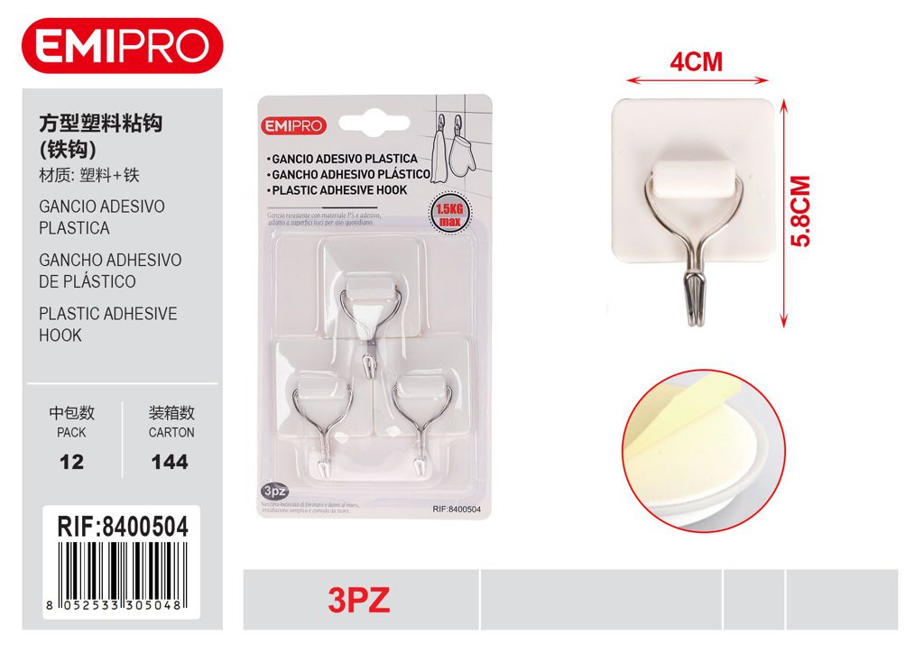 Gancio Adesivo Plastica 3Pz