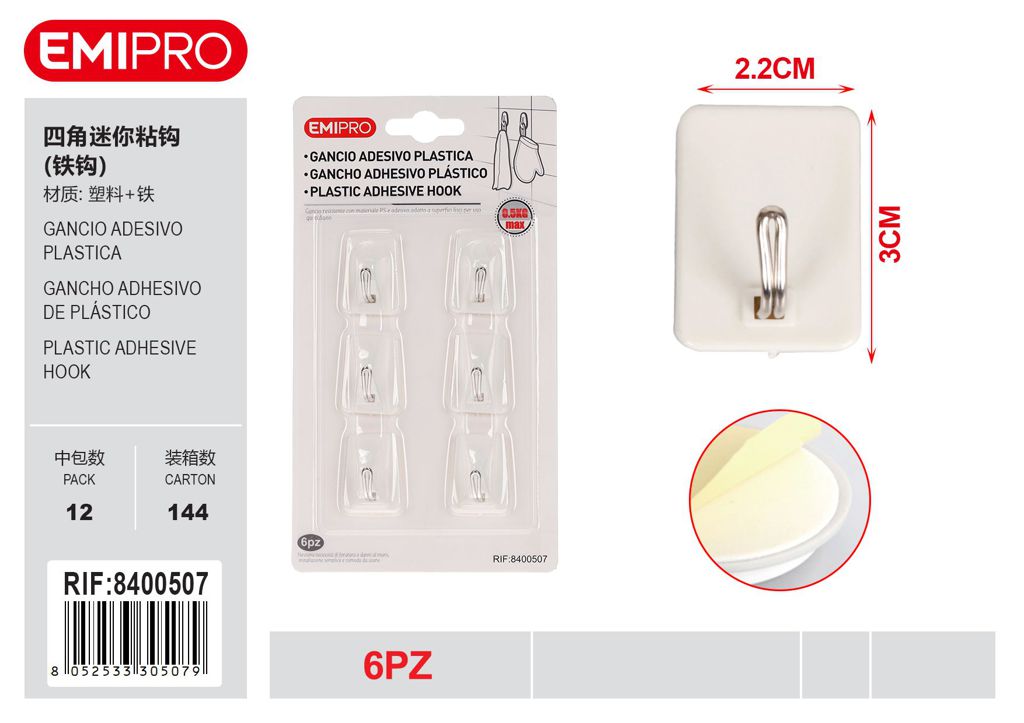 Gancio Adesivo Plastica 6Pz