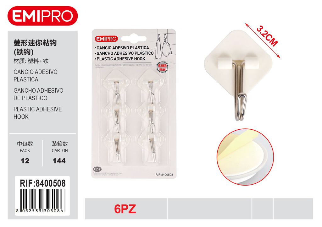 Gancio Adesivo Plastica 6Pz