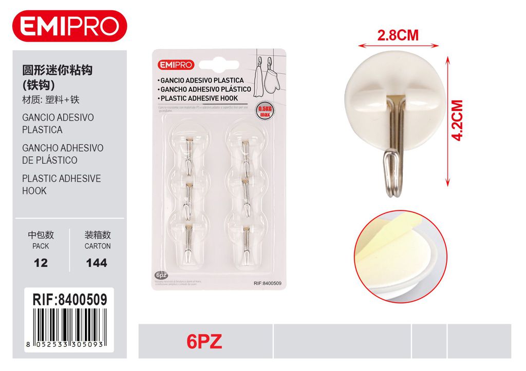 Gancio Adesivo Plastica 6Pz
