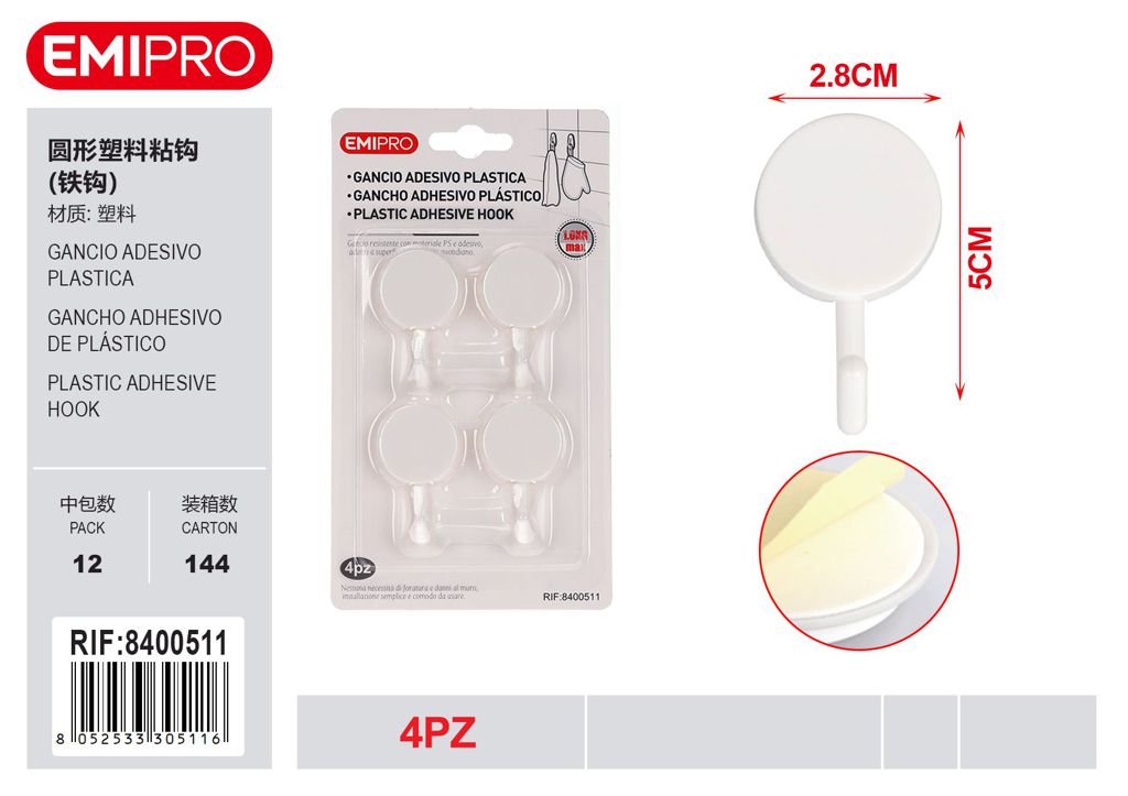 Gancio Adesivo Plastica 4Pz