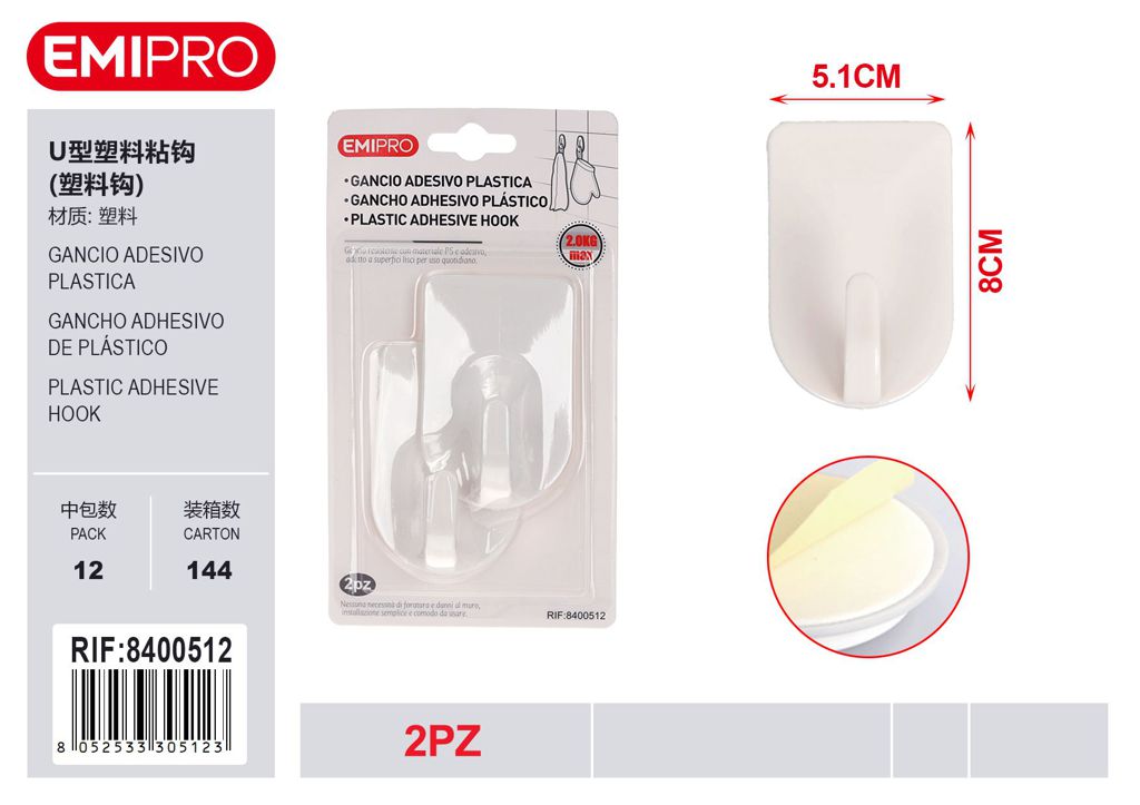 Gancio Adesivo Plastica 2Pz
