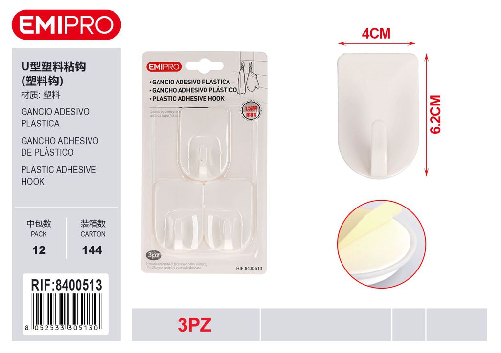 Gancio Adesivo Plastica 3Pz