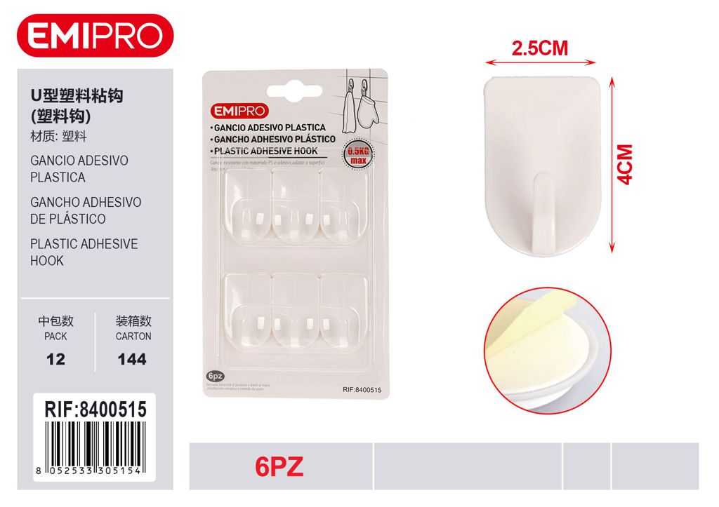 Gancio Adesivo Plastica 6Pz