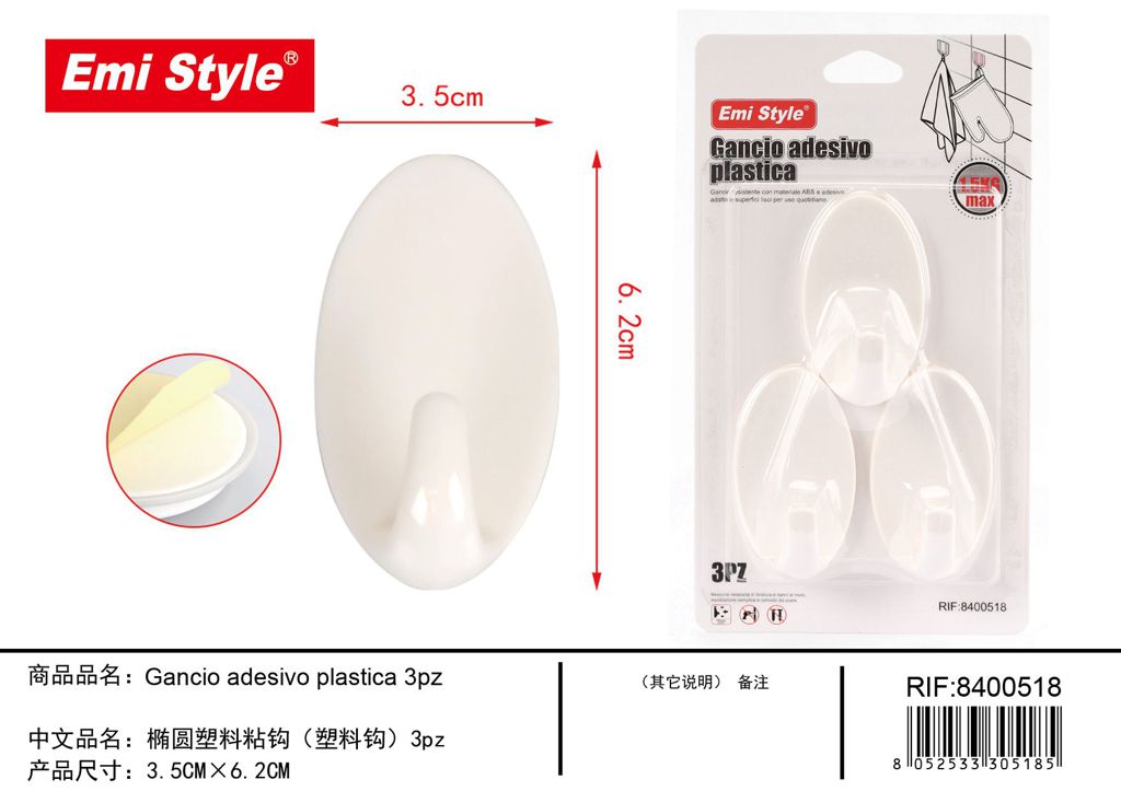Gancio Adesivo Plastica 3Pz