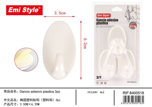Gancio Adesivo Plastica 3Pz